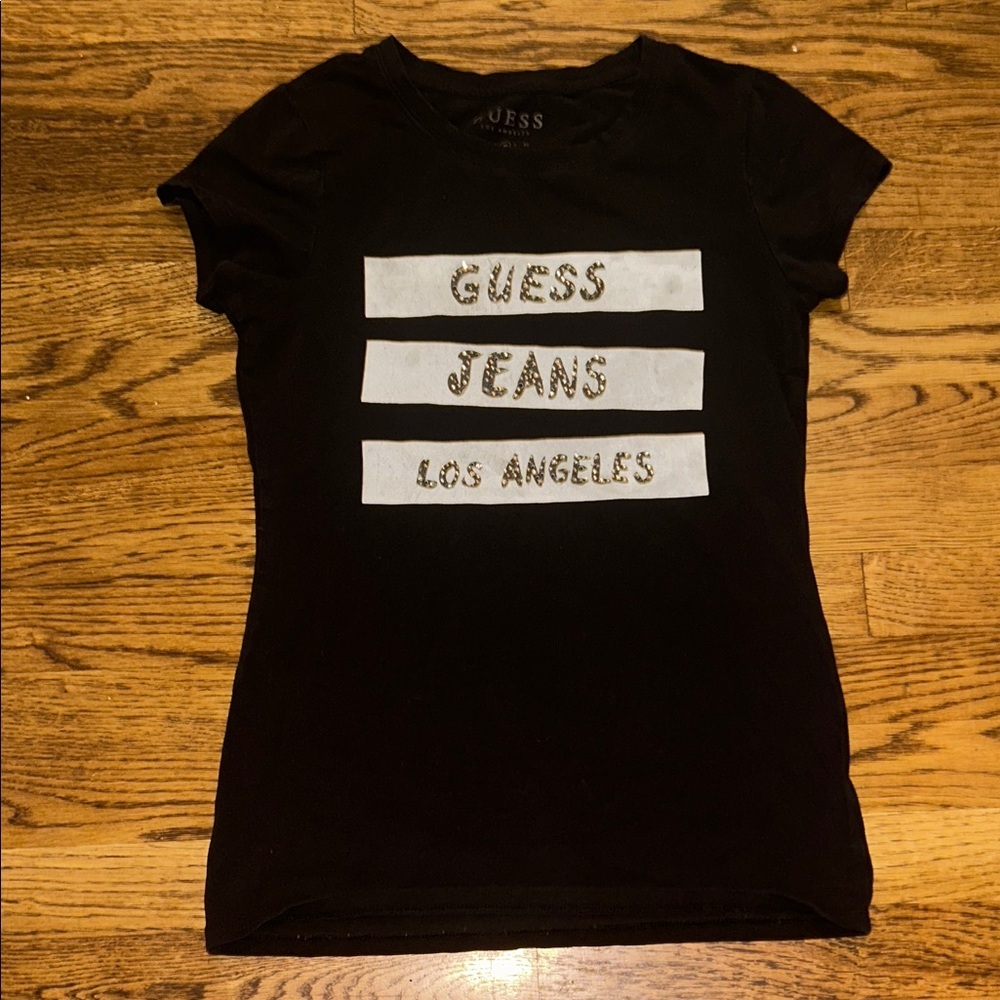 GUESS Black Tee with White Bars and Rhinestone Accent Logo Size Medium